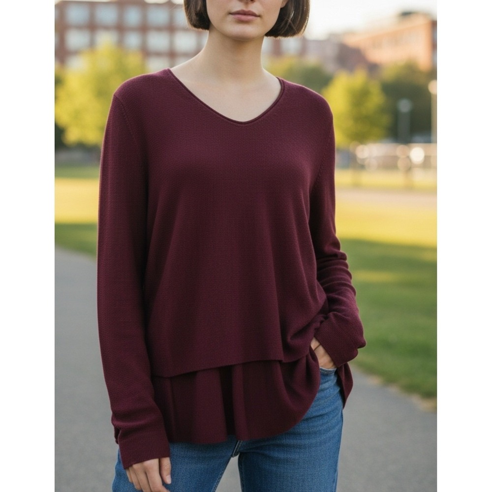PureJill J.Jill V-Neck Overlay Tunic Sweater Knit Top Wine 4X Womens NEW Modal